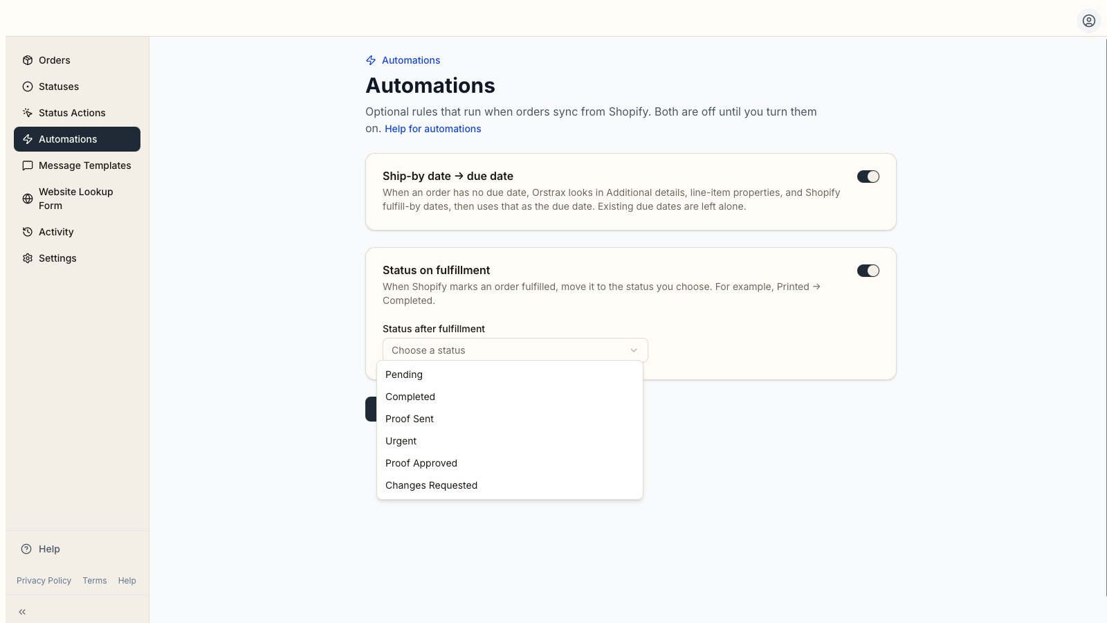 Automations page with Shopify ship-by date and Status on fulfillment
