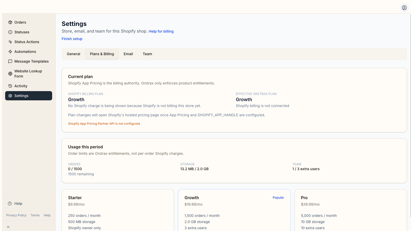 Settings Plans and Billing with current plan, orders, storage, and team meters