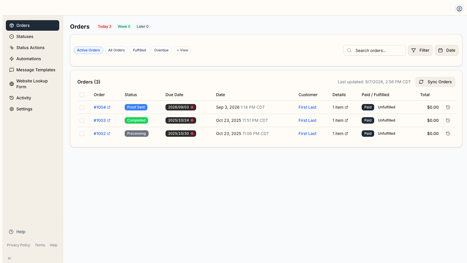 Orderflow dashboard sidebar with Orders selected, then Statuses, Status Actions, Automations, Message Templates, Website Lookup Form, Activity, and Settings