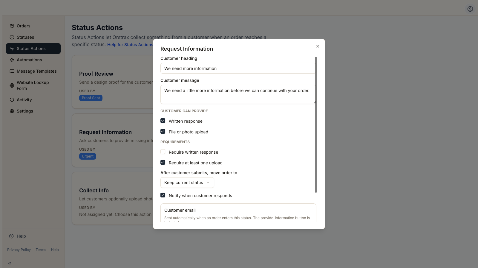 Request Information configure panel with customer heading, message, required fields, and after-submit status