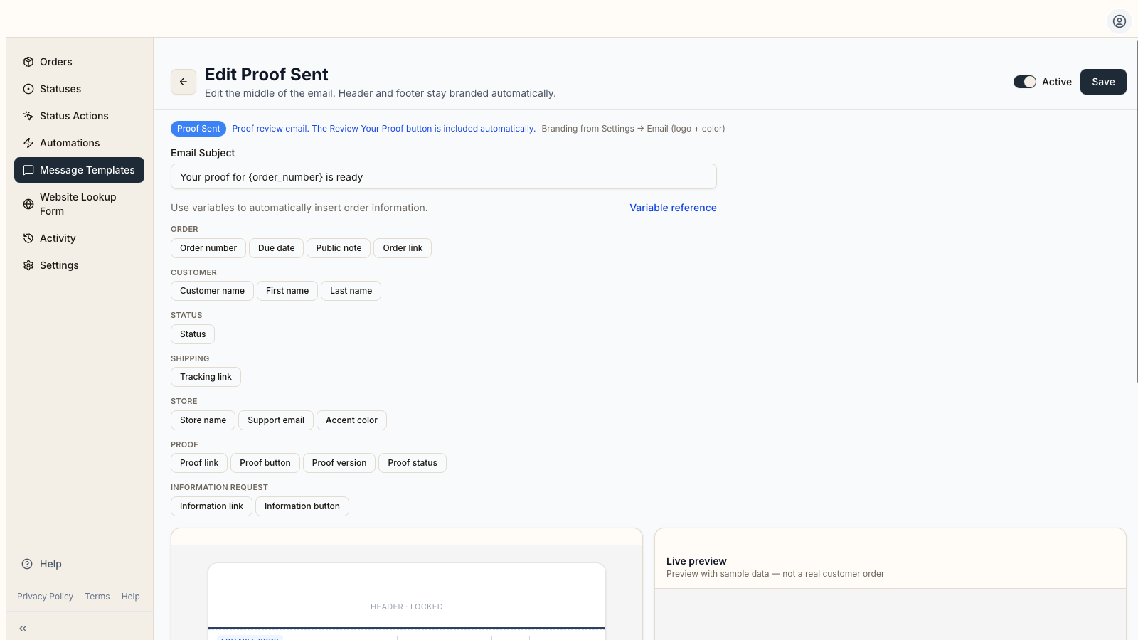 Proof Sent template editor with grouped Insert variable buttons and a Live preview labeled as sample data