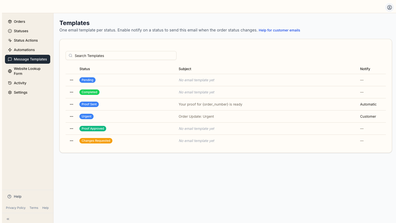 Message Templates list with one row per status, including subject, notify setting, and row actions